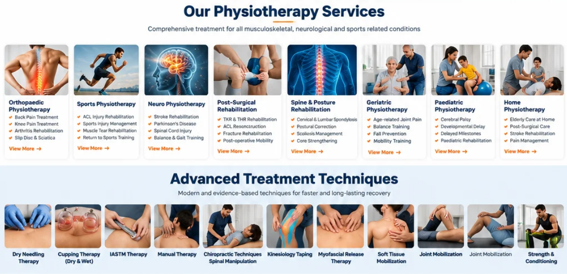 Physiotherapy clinic visual showing orthopaedic and sports rehabilitation, dry needling, cupping and manual therapy